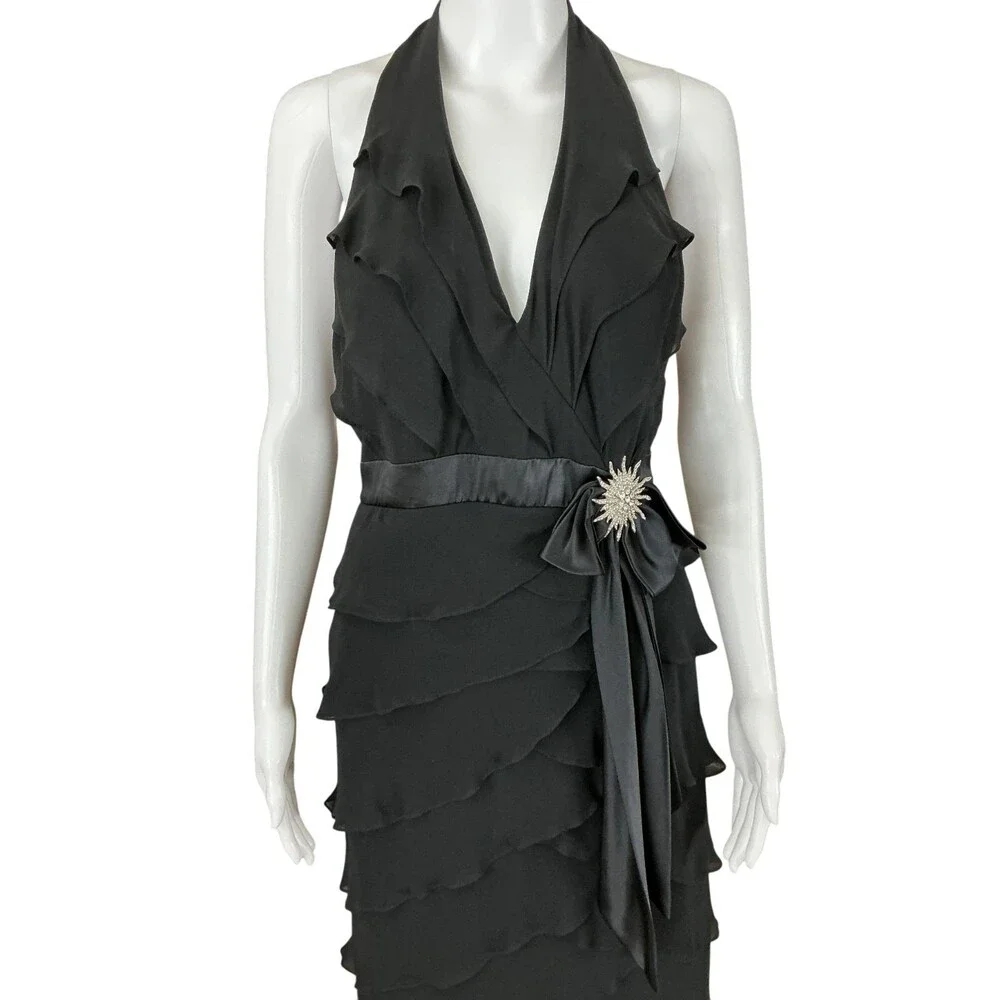 VTG Tadashi Shoji Silk Chiffon Maxi Dress Size 10 Black Halter Open Back Tiered